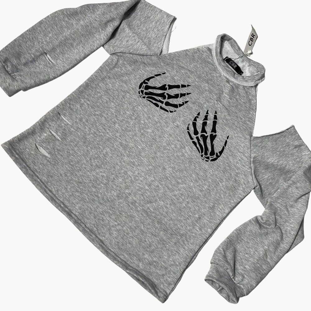 Womens XL Gray CBR Skeleton Hands Cut-Out Shoulder Long Sleeve distressed Top